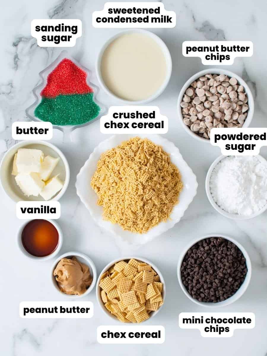 The ingredients needed to make puppy chow christmas fudge in the microwave