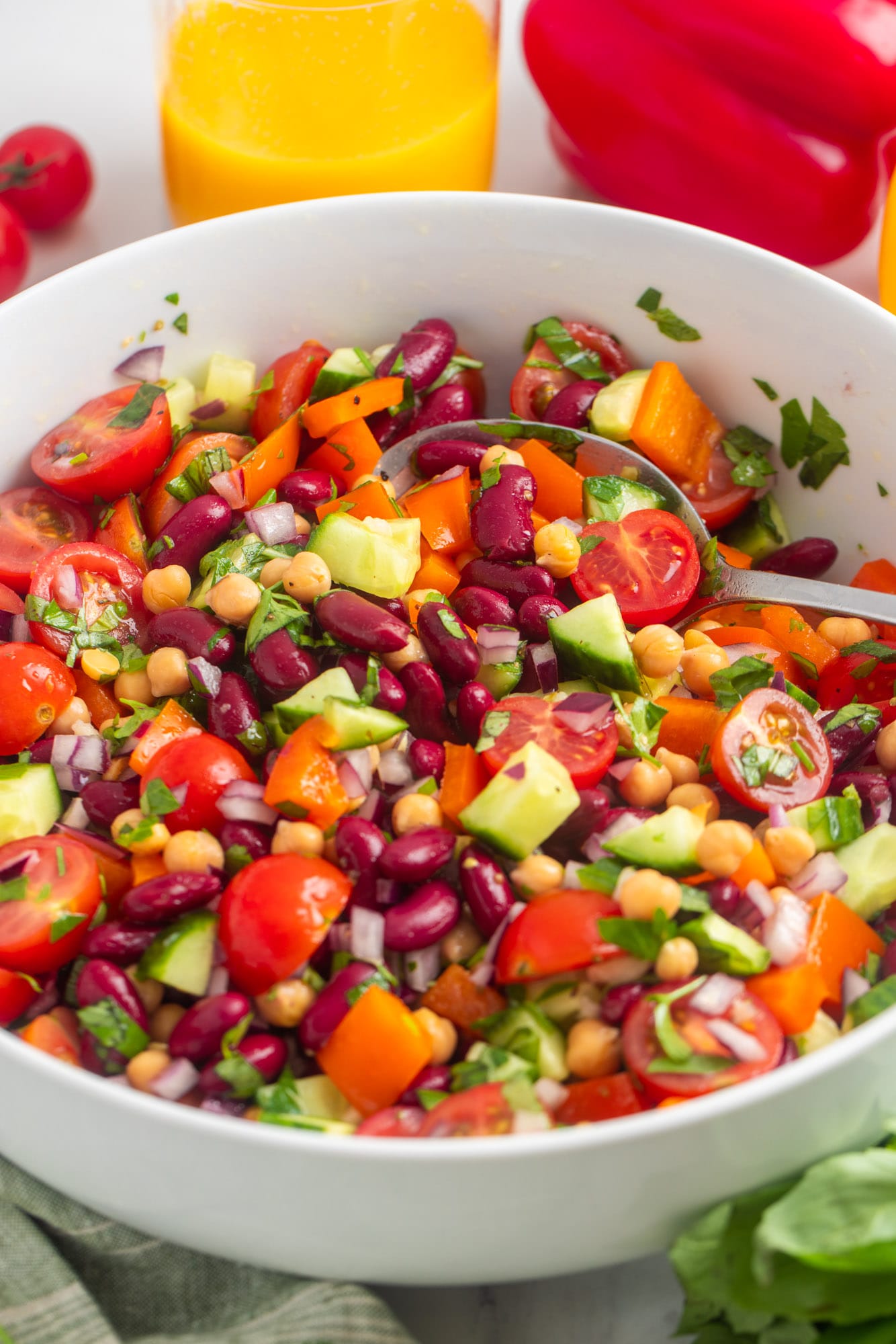 easy red kidney bean salad in a white serving bowl.