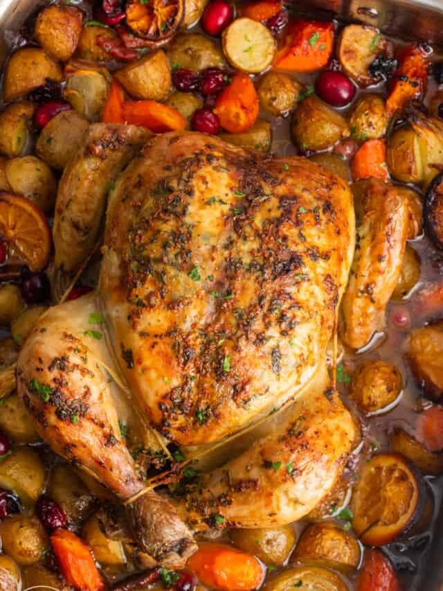 a whole trussed chicken in a roasting pan with a mix of braised onions, carrots, potatoes, and aromatic fruits.