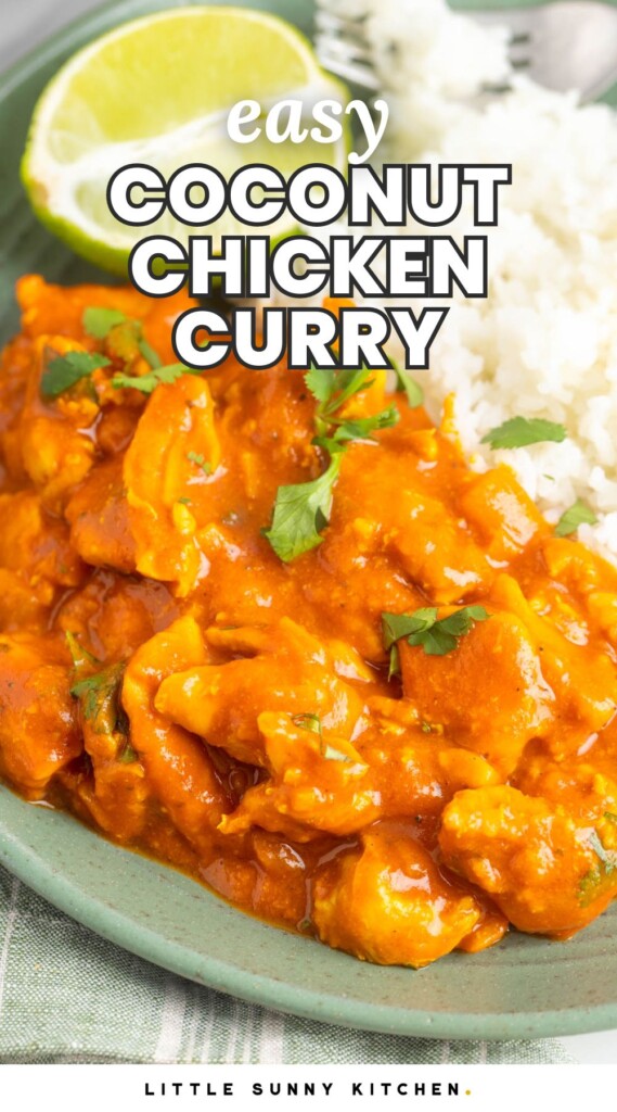 a green plate of rice and mild chicken curry. Text overlay says "easy coconut chicken curry"