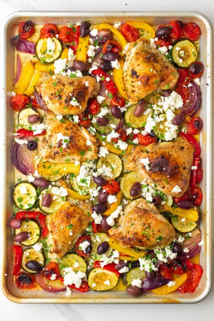 feta cheese and kalamata olives added to roasted chicken and veggies after it's been cooked. 