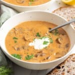 two white bowls of hungarian mushroom soup garnished with sour cream and fresh parsley