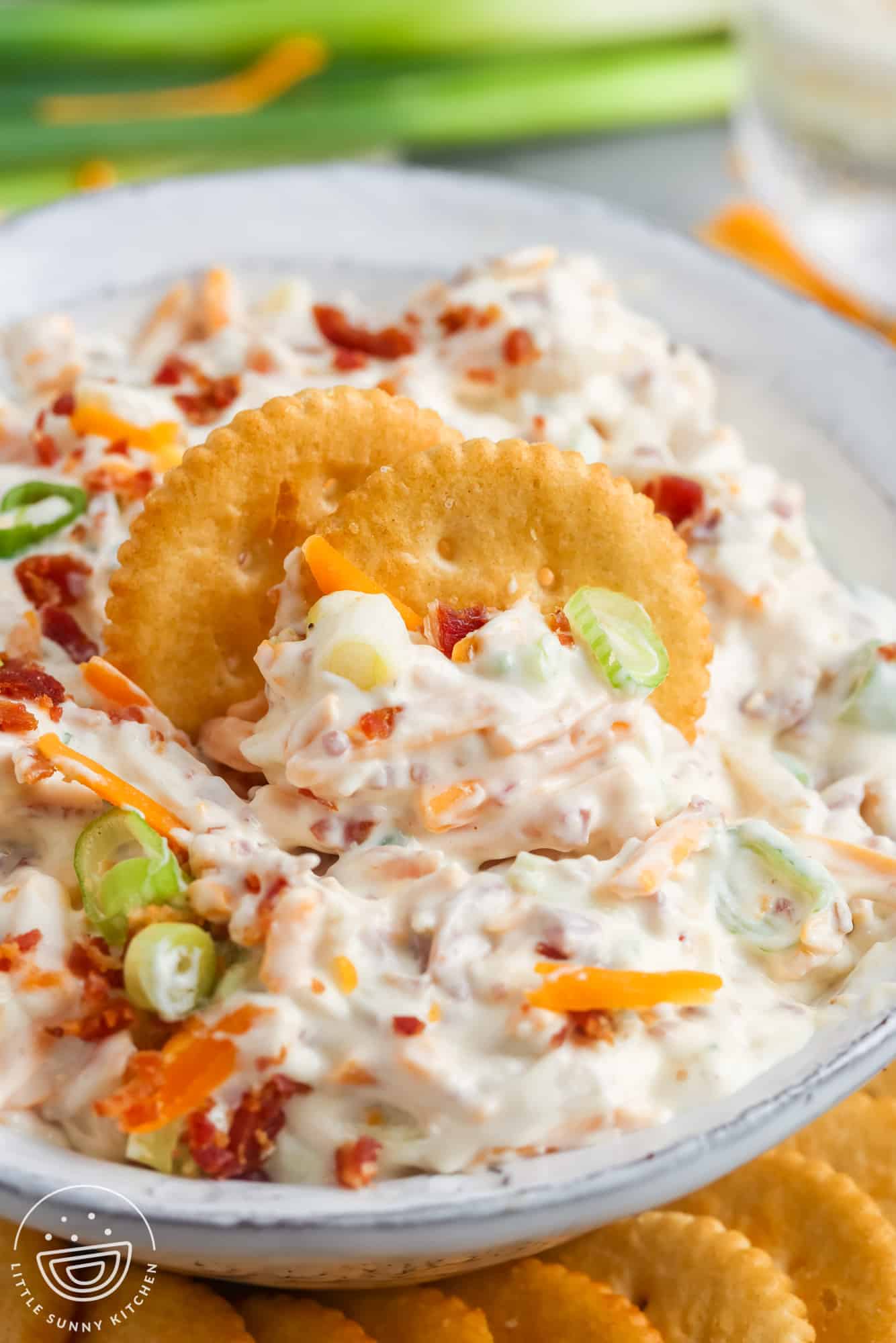 a bowl of creamy dip with cheddar cheese, green onion and bacon. 