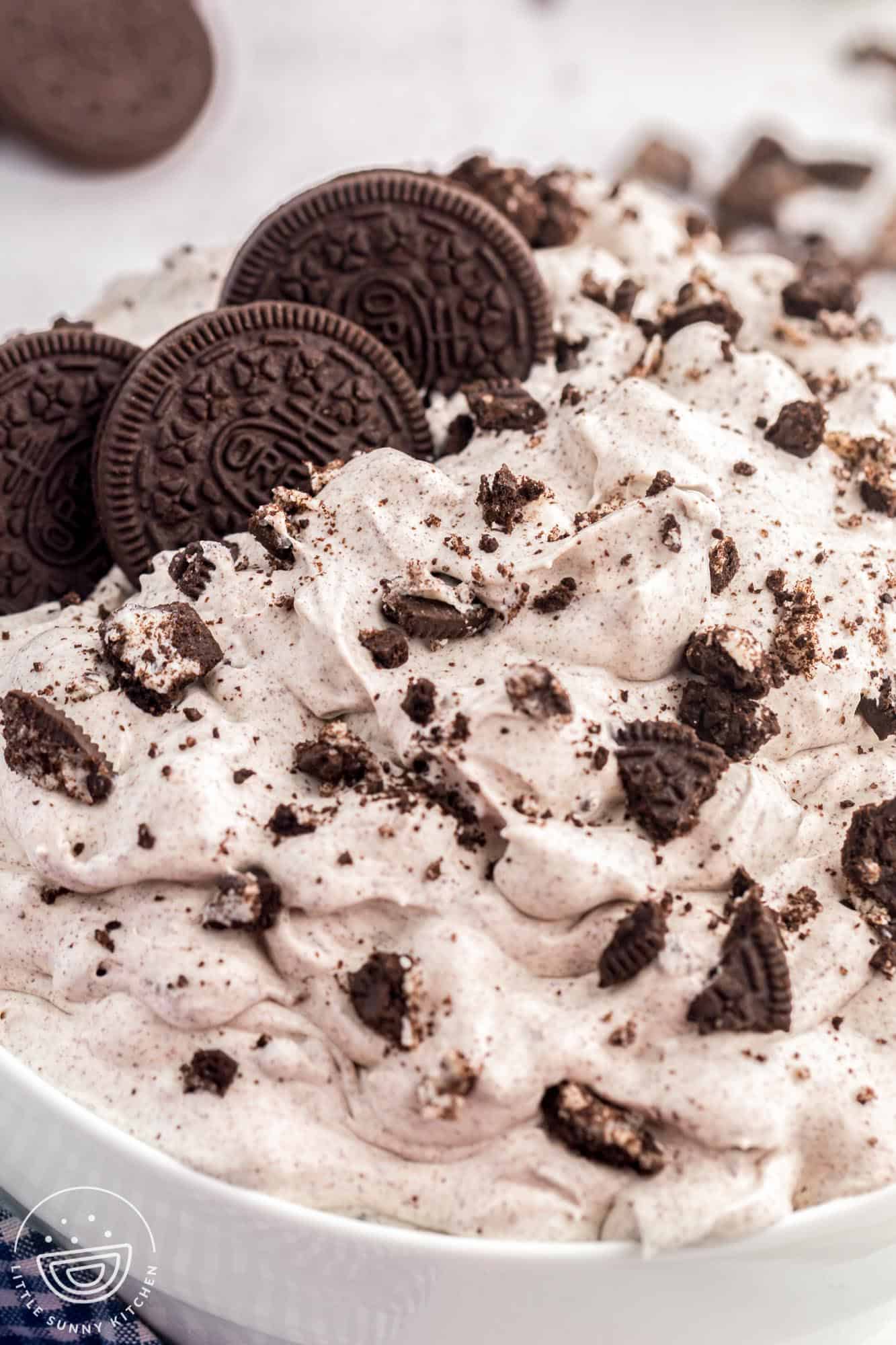 Close up shot Oreo fluff salad served in a white bowl