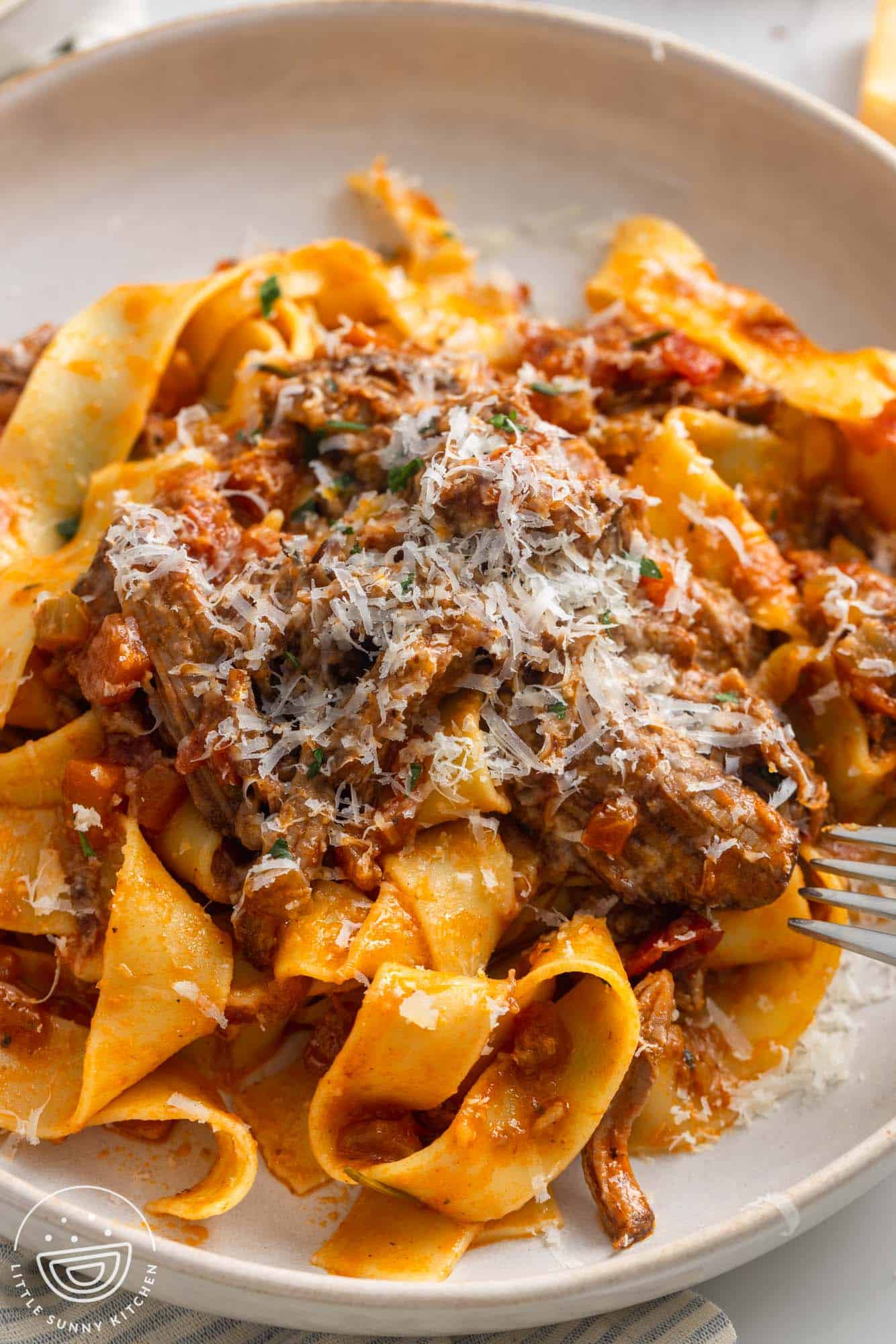 pappardelle with a generous amount of short beef ragu, topped with finely grated parmesan cheese. 