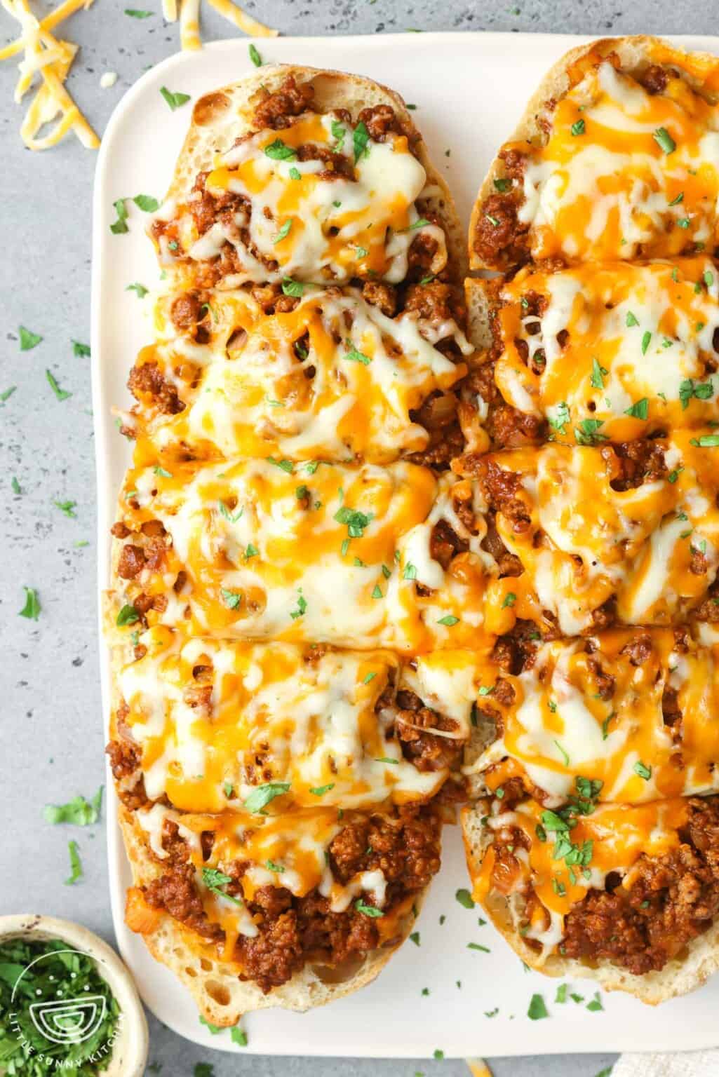 Cheesy Sloppy Joe Garlic Bread Little Sunny Kitchen
