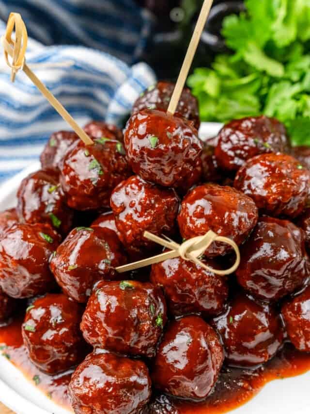 Grapejelly meatballs served on a plate as an appetizer