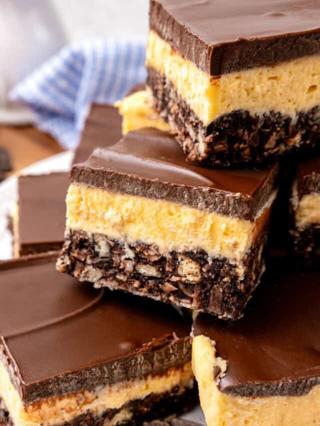 a stack of layered nanaimo bars with chocolate graham crust, custard filling, and chocolate topping.