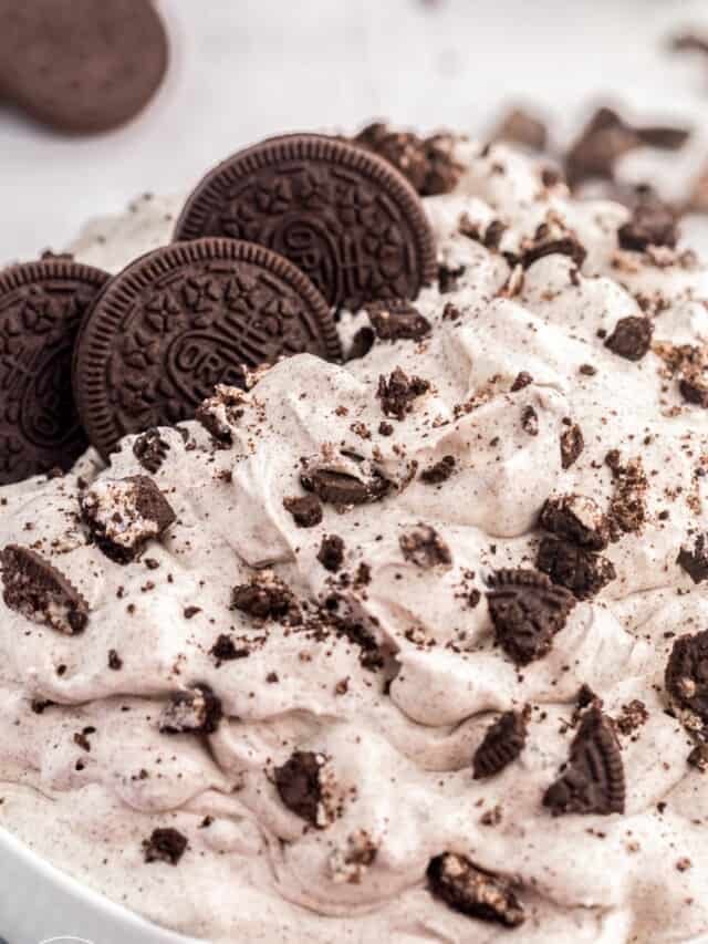 Close up shot Oreo fluff salad served in a white bowl