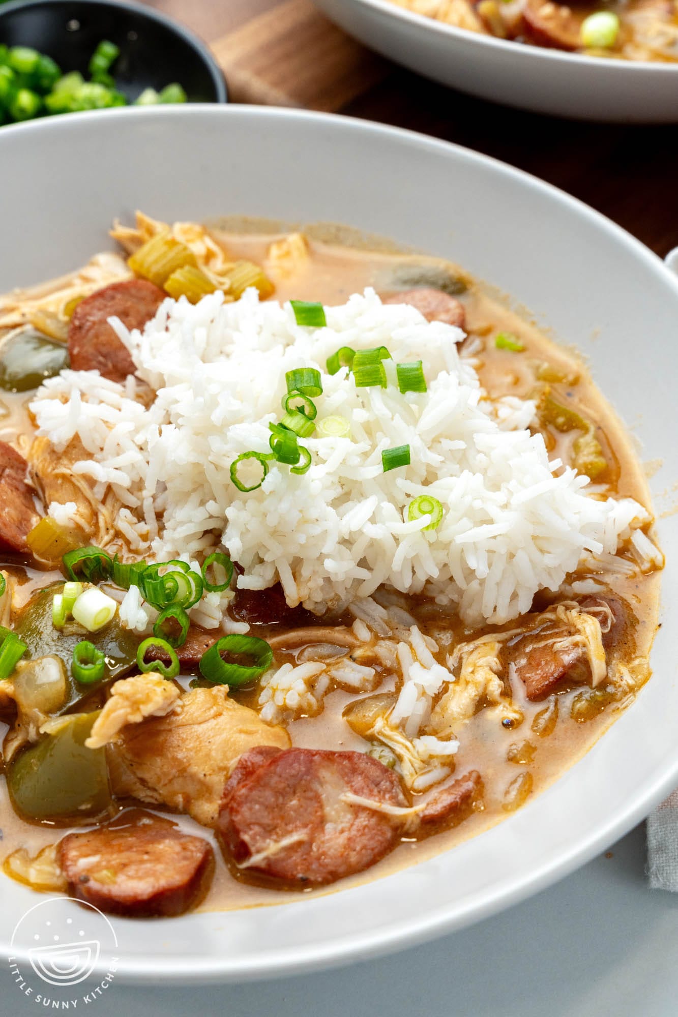 a white bowl plate of saucy chicken and sausage gumbo topped with a scoop of white rice, garnished with sliced green onion.