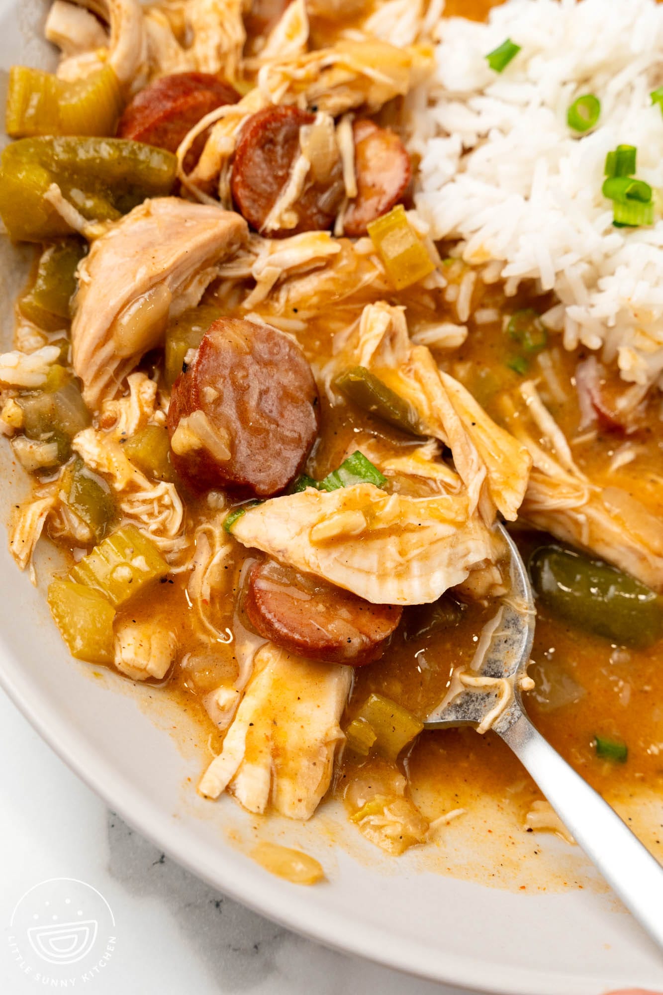 gumbo made with sliced sausage and shredded chicken on a plate with a side of rice.