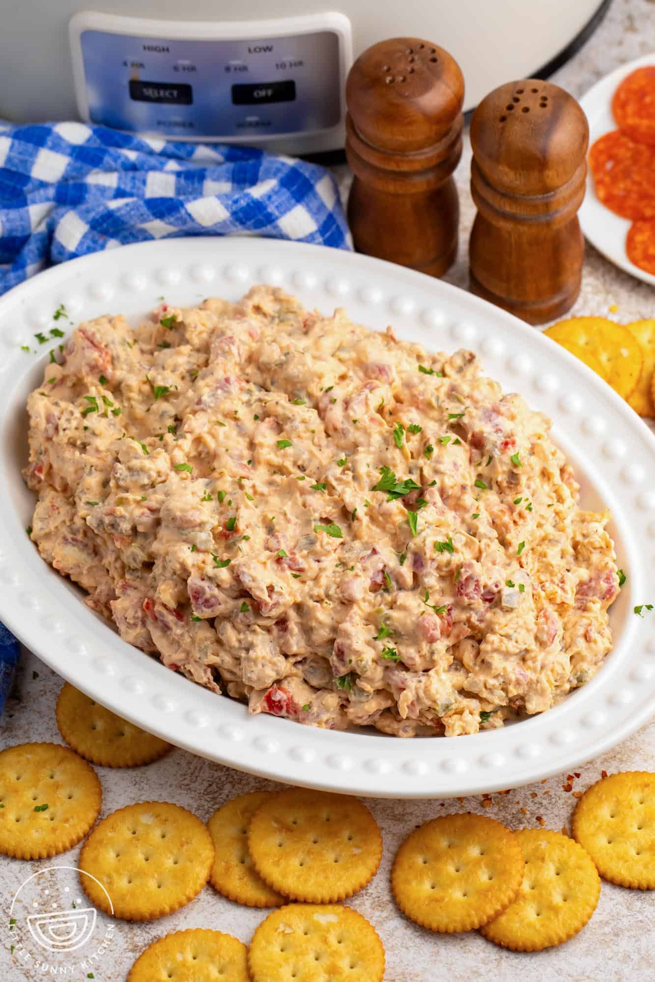 an oval serving dish of hot pizza dip. Behind the bowl is a crockpot and wooden salt and pepper shakers. In front of the bowl are ritz crackers on the counter.