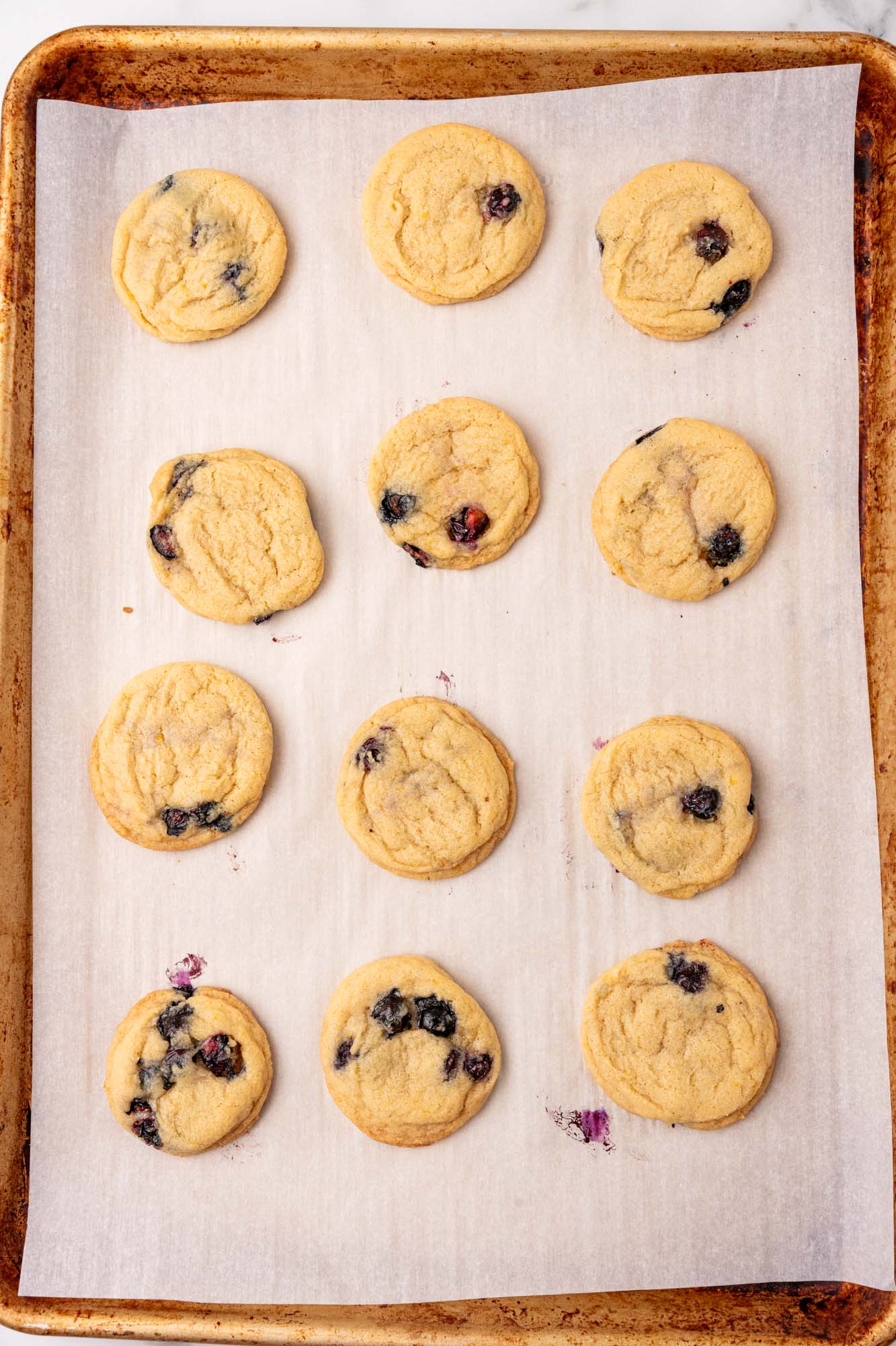 baked lemon blueberry cookies on a parchment lined baking sheet.