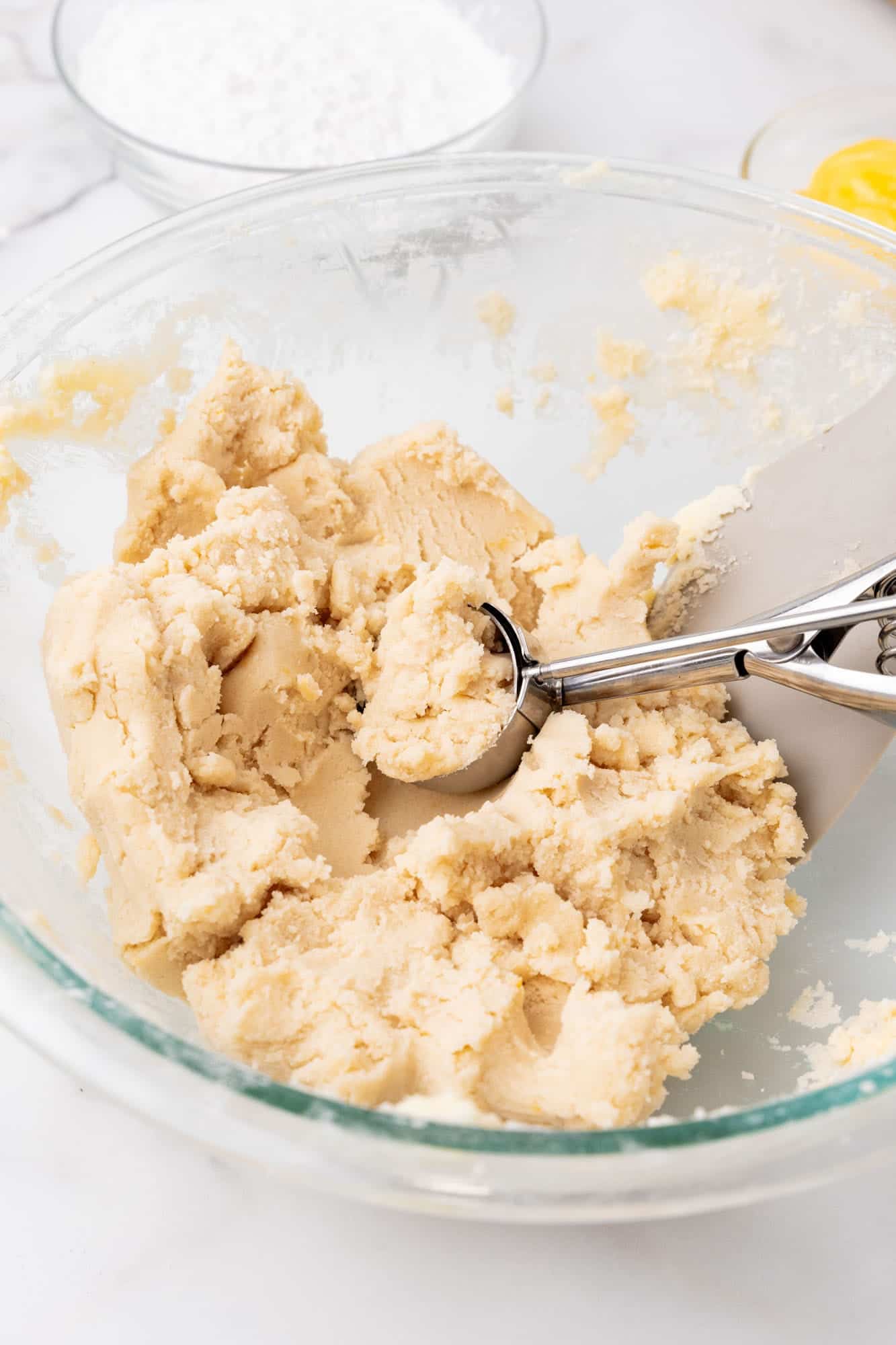cookie dough portioned with a cookie scoop.