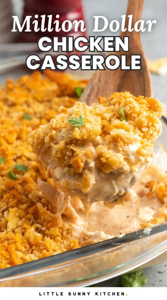 creamy chicken casserole topped with crispy crackers. Text overlay says " million dollar chicken casserole"