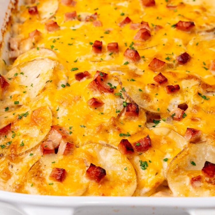 baked scalloped potatoes with ham and cheese in a white casserole dish.