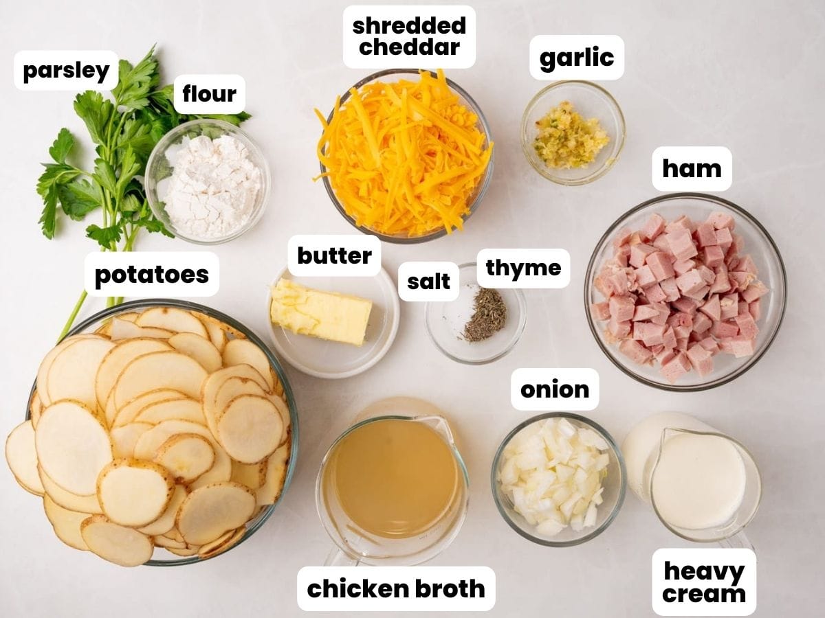 The ingredients needed to make scalloped potatoes from scratch with ham and cheddar cheese