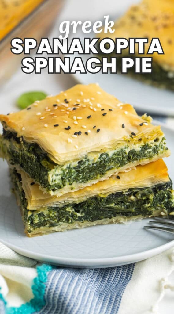 two square slices of spanakopita. Text overlay says "greek spanakopita spinach pie"