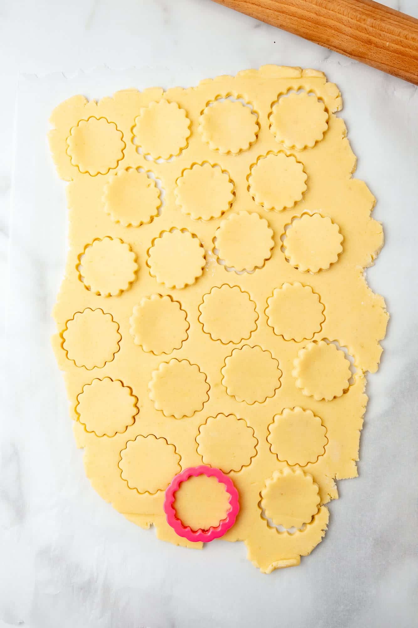 cookie dough rolled out and cut into fluted circles with a red round cookie cutter.