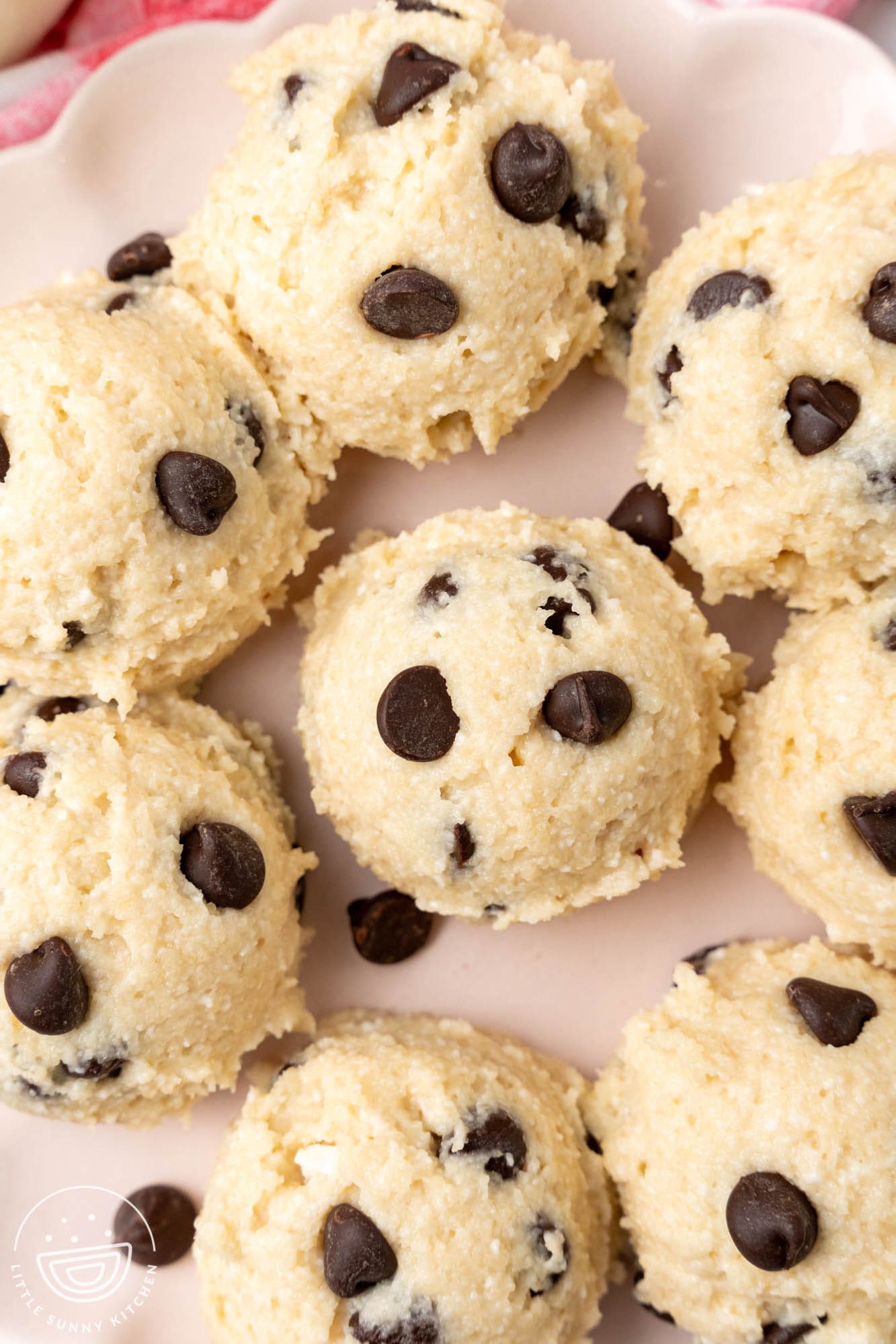 closeup of easy cottage cheese cookie dough with extra chocolate chips