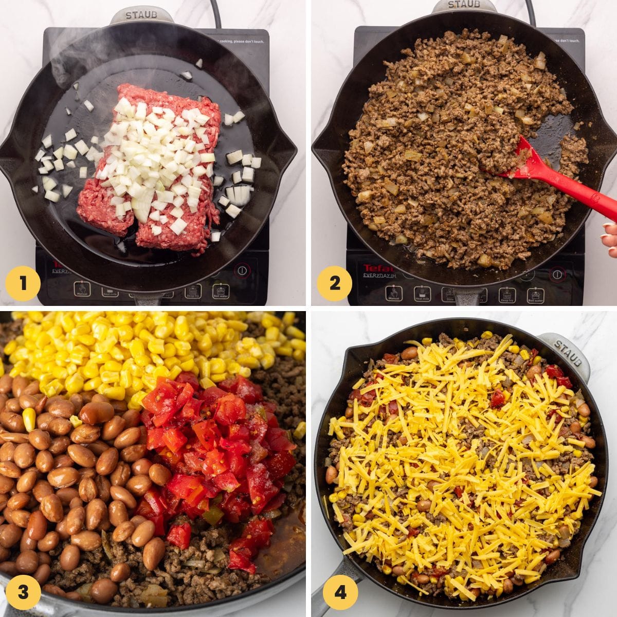 a collage of four images showing how to make the filling for cowboy casserole in a large cast iron skillet.