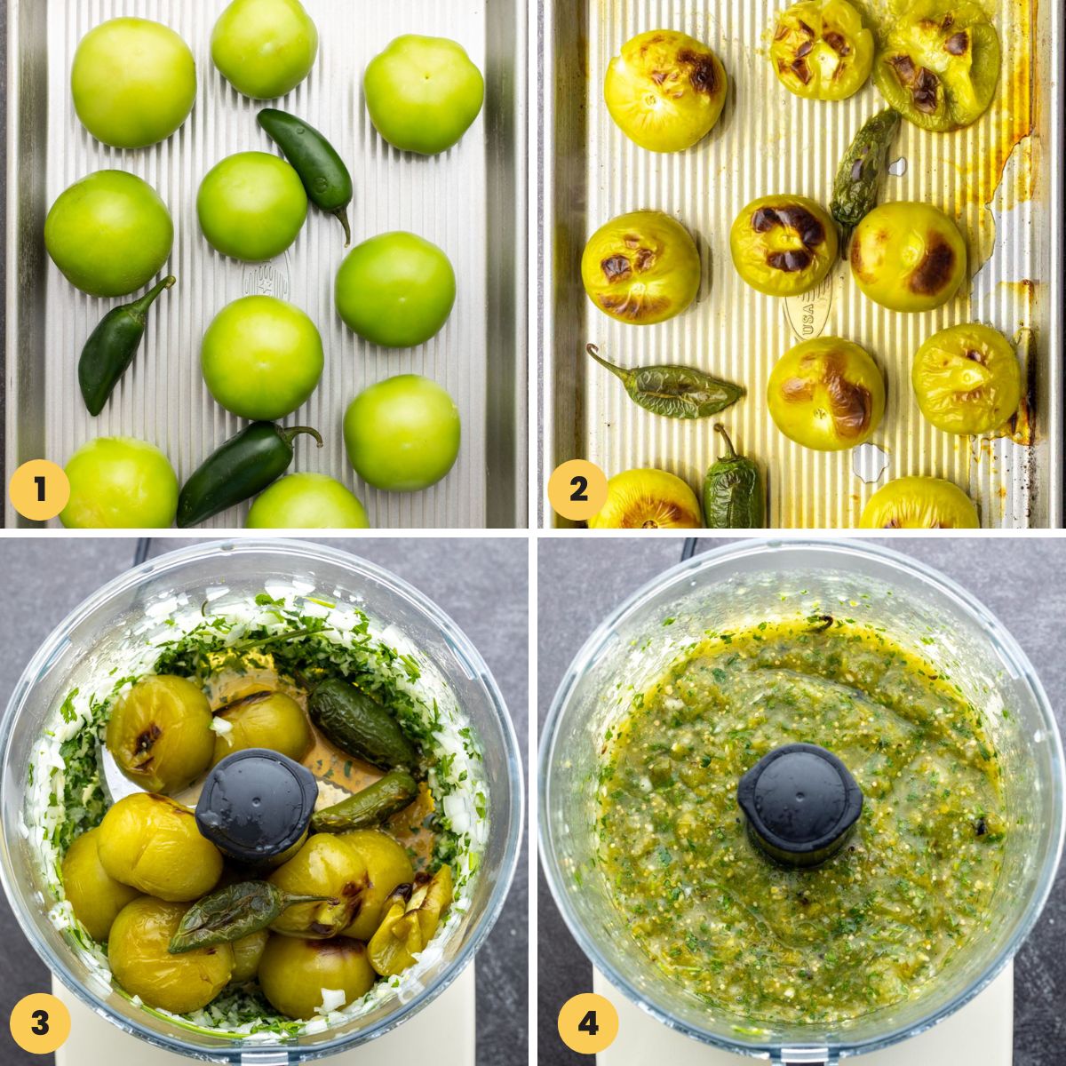 Collage of 4 images showing how to make salsa verde with fresh tomatillos by roasting and then blending in a food processor