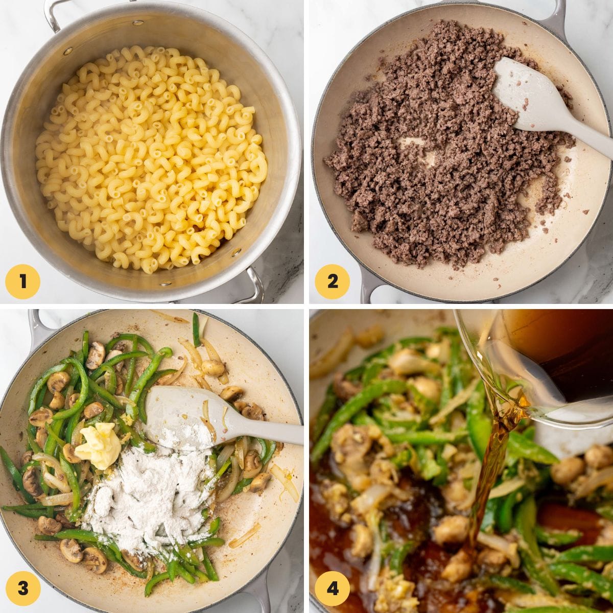 a four photo collage showing how to make philly cheesesteak pasta in one pan