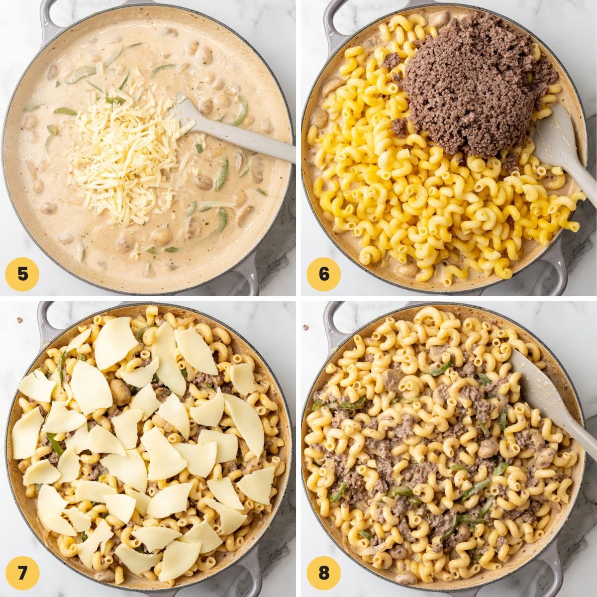 a collage of four images showing how to put together creamy philly cheesesteak pasta in a skillet.