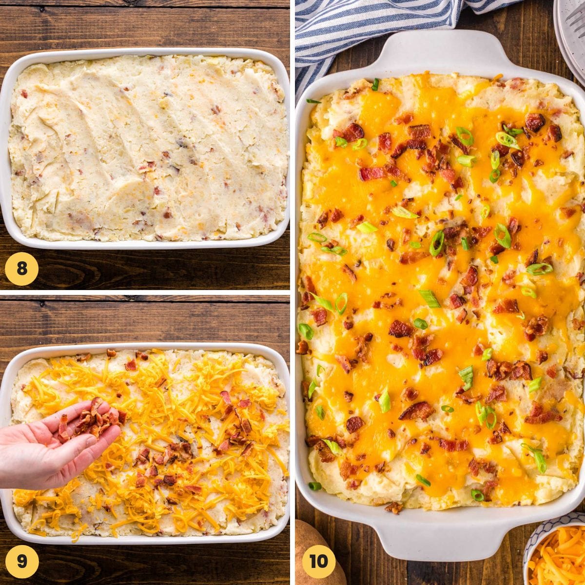 a collage of three images showing how to bake twice-baked potato casserole