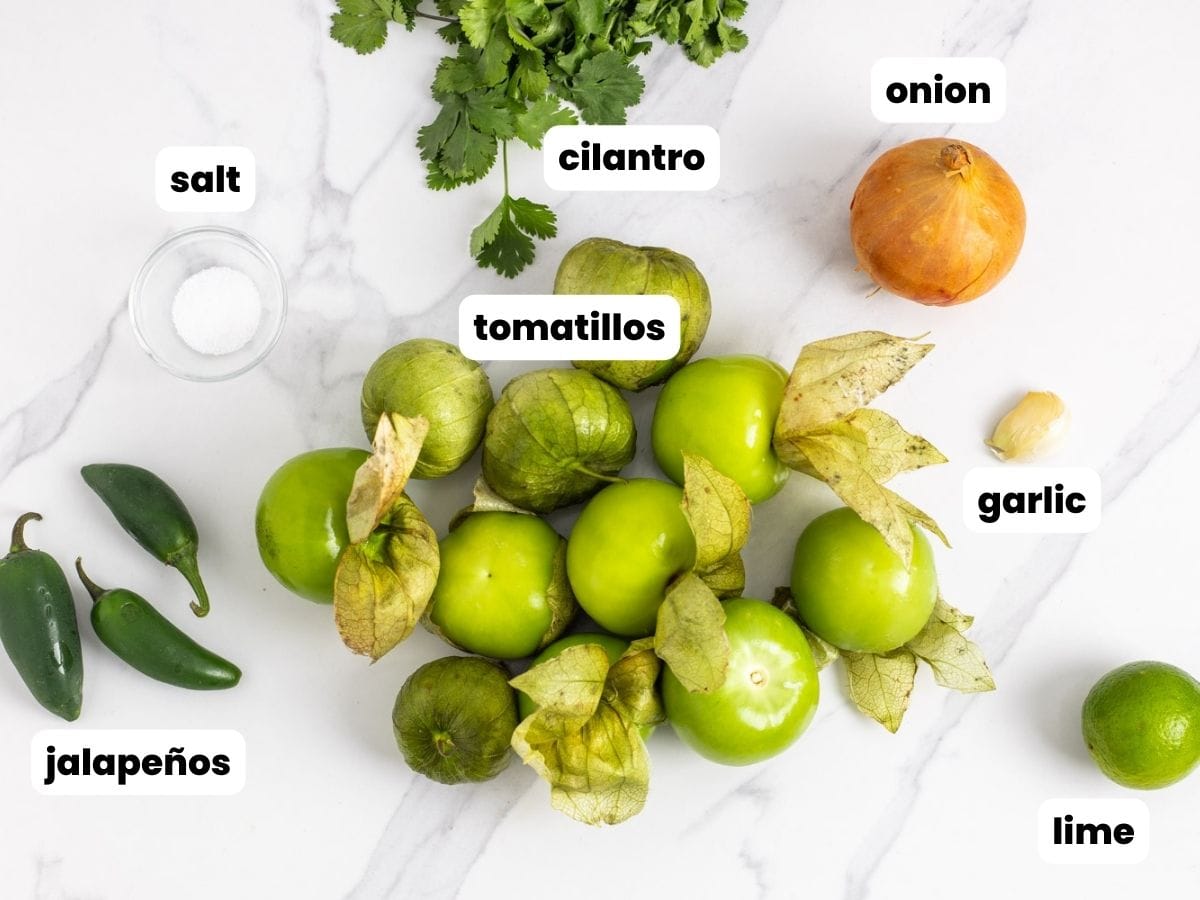 Ingredients needed to make Mexican salsa verde including tomatillos, jalapenos, onion, garlic, cilantro, lime, and salt.