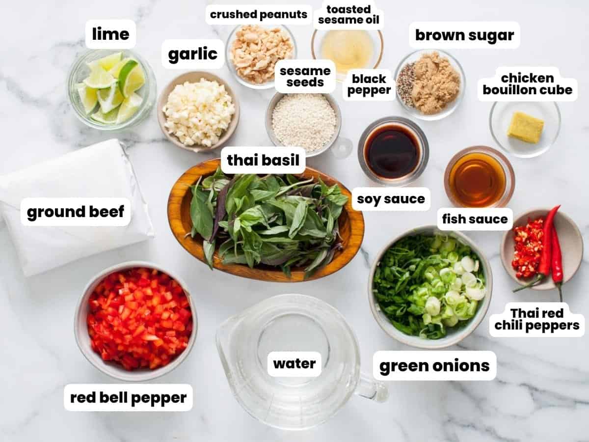The ingredients in pad kra pao, including ground beef, thai basil, peanuts, peppers, and seasonings. All are measured out into small bowls and arranged on a marble counter.