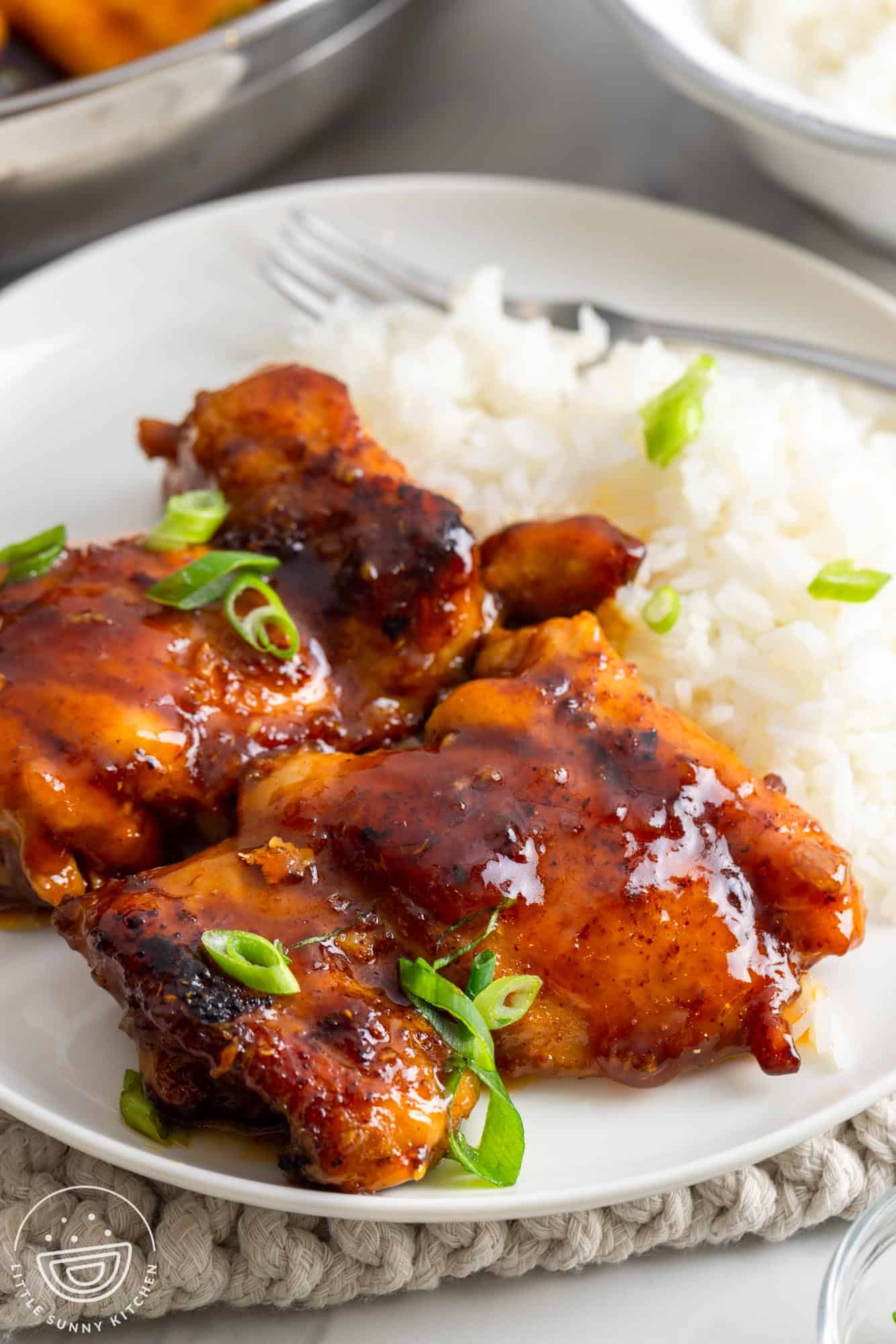 two apricot glazed chicken thighs on a white plate with white rice, garnished with sliced green onions.