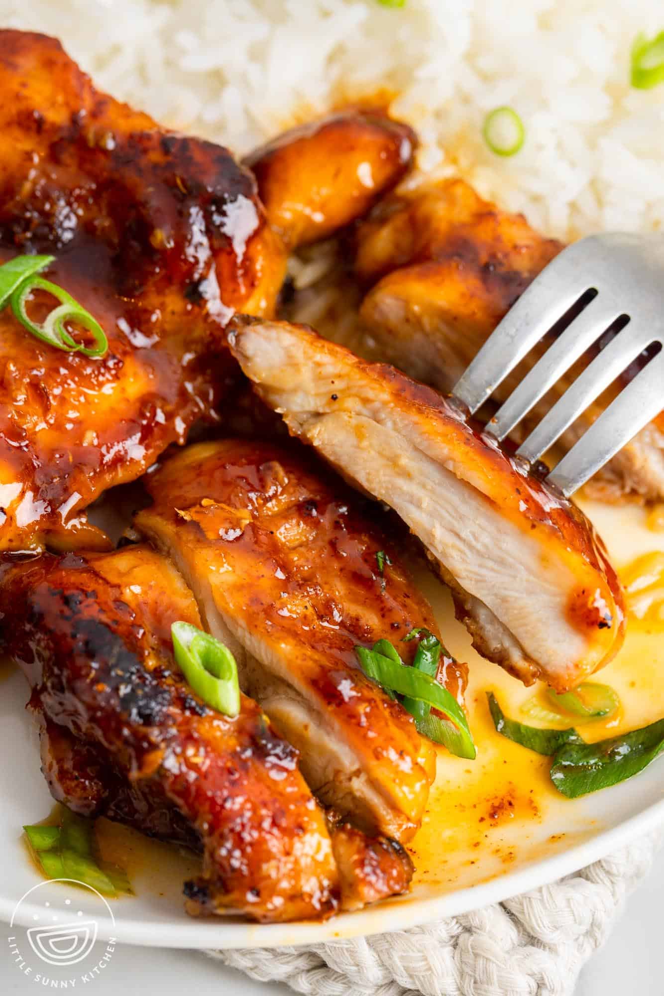 a dinner plate of white rice and sliced apricot glazed chicken.