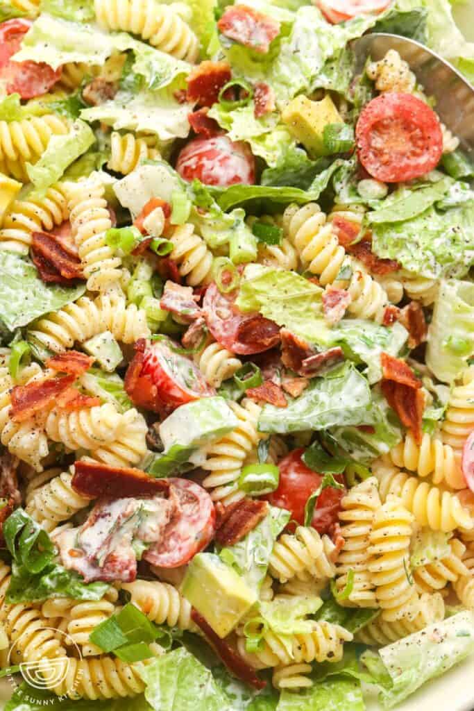 Closeup of a pasta salad with bacon, lettuce, and tomatoes dressed with Ranch