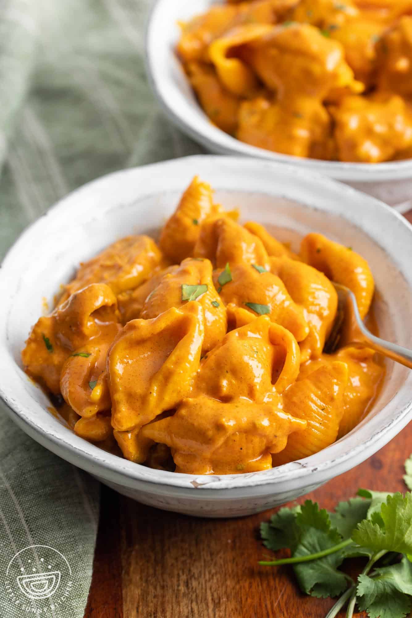 two servings of butter chicken pasta in white ceramic bowls.