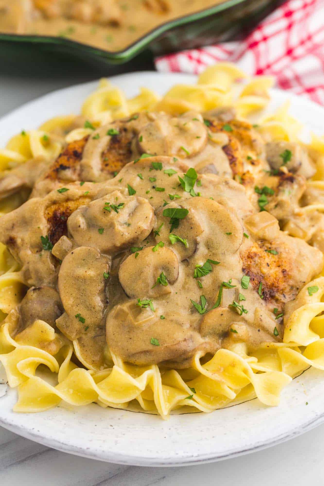 An angle shot of chicken stroganoff served over noodles, plated.