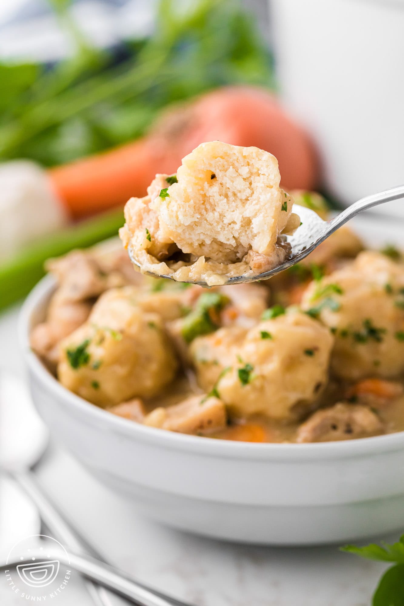 a spoon holding half of a dumpling over a bowl of chicken and dumplings to show the fluffy texture.
