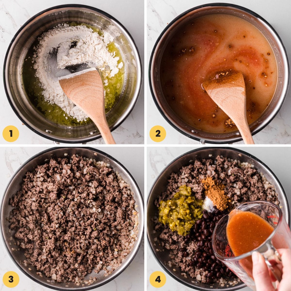 a collage of four images showing how to make the filling for beef enchiladas in a metal pan.