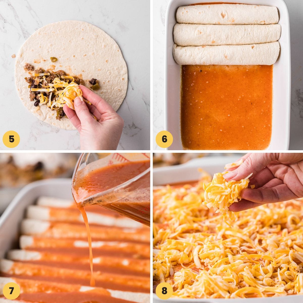 a four image collage showing how to fill and roll enchiladas and place them in a casserole dish, topped with shredded cheese.