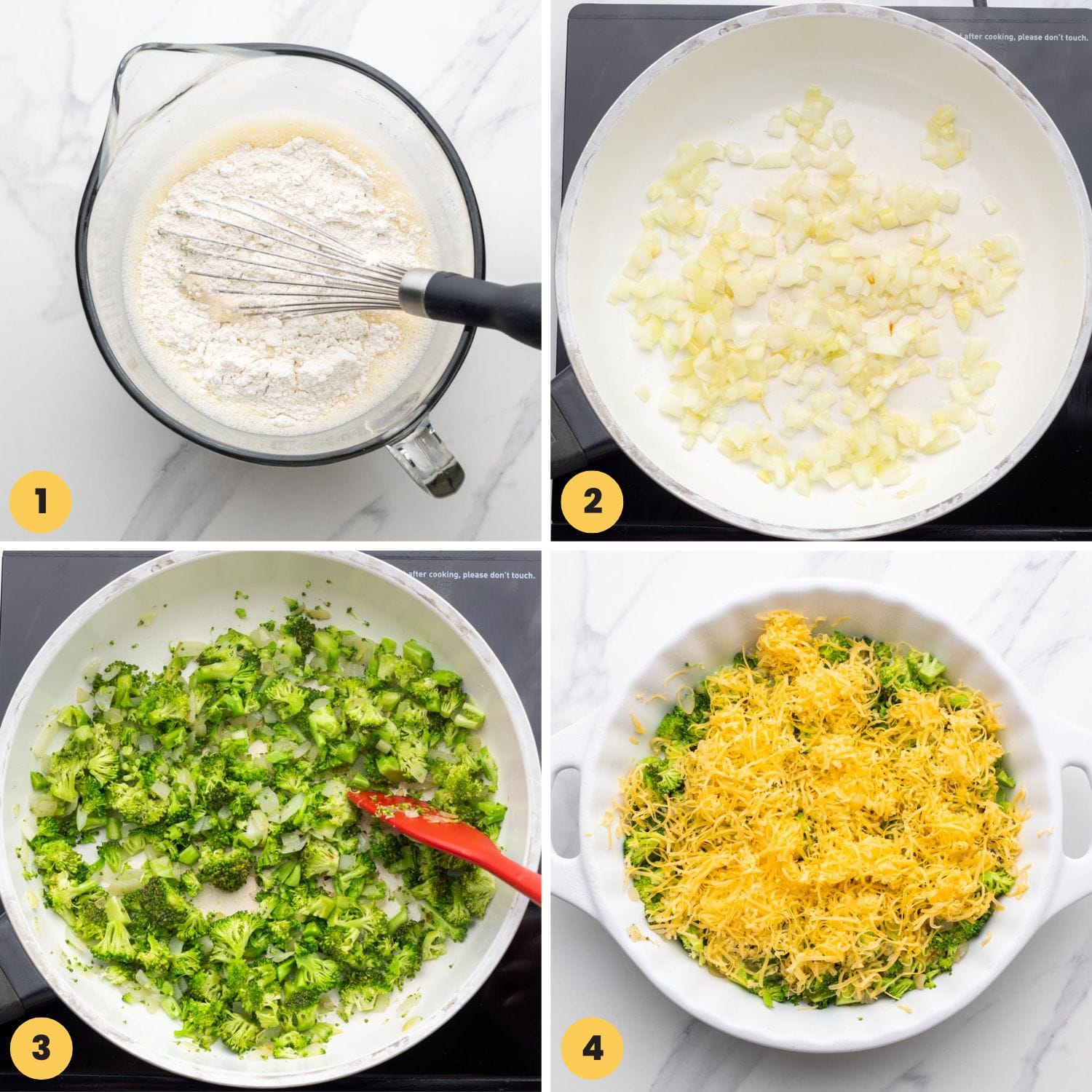 a collage of four images showing how to make a broccoli cheese quiche with bisquick.
