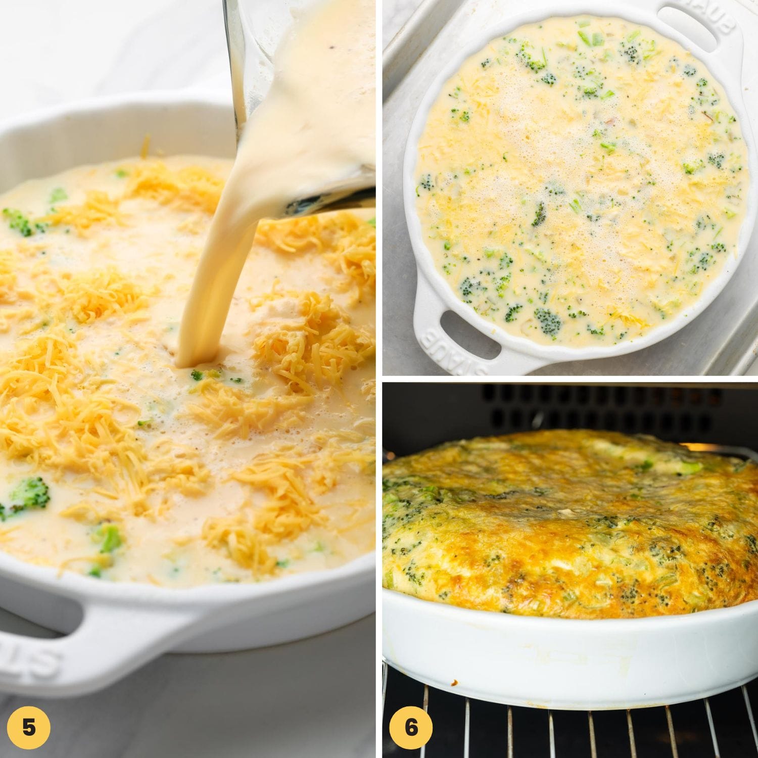 a collage of three images showing how to fill a pie plate with ingredients and bake a quiche with bisquick and eggs.