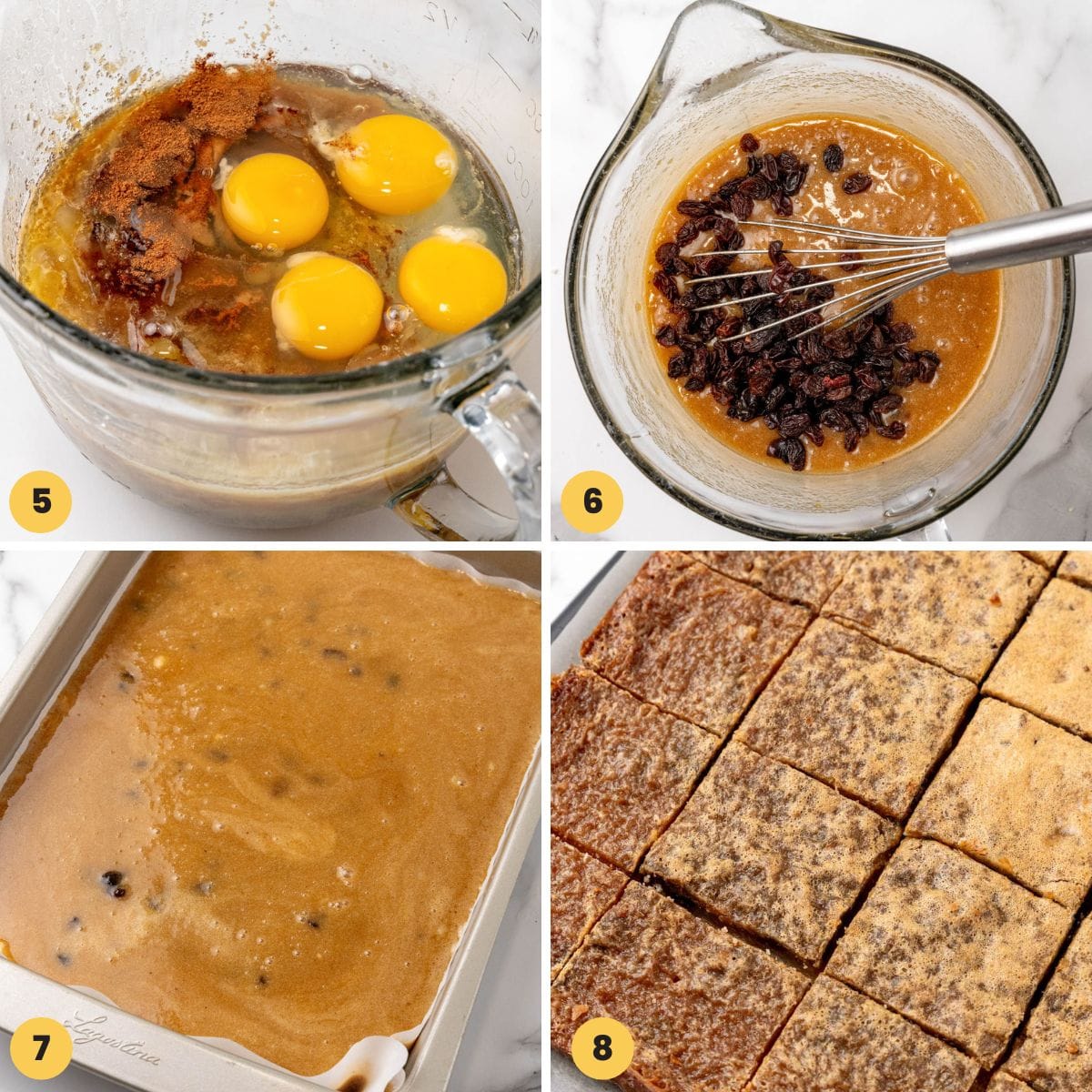 a collage of four images showing the steps to make the filling for butter tart bars and how to bake them.