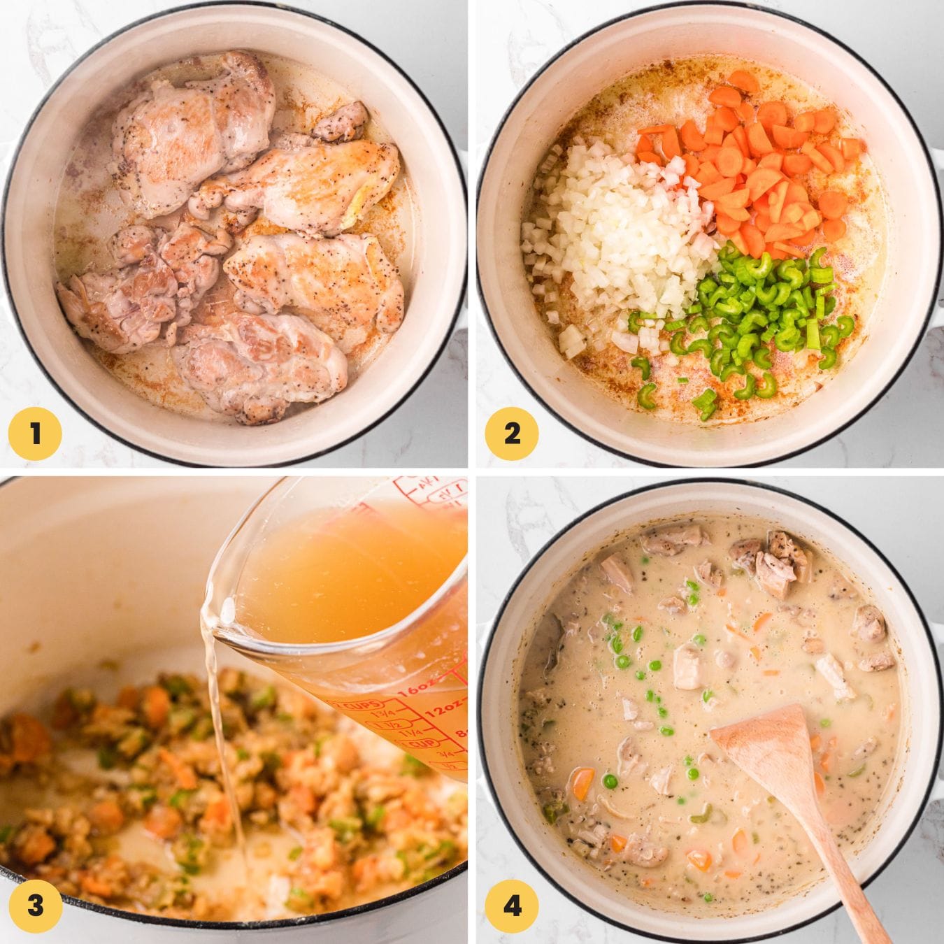 a collage of four images showing how to make chicken and dumplings in a white dutch oven. 