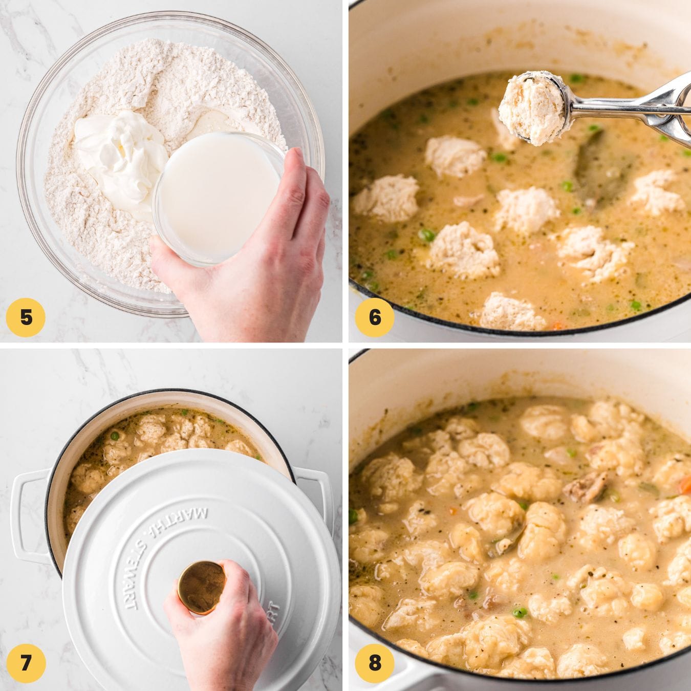a collage of four images showing how to make homemade dumplings and cook them in creamy chicken soup