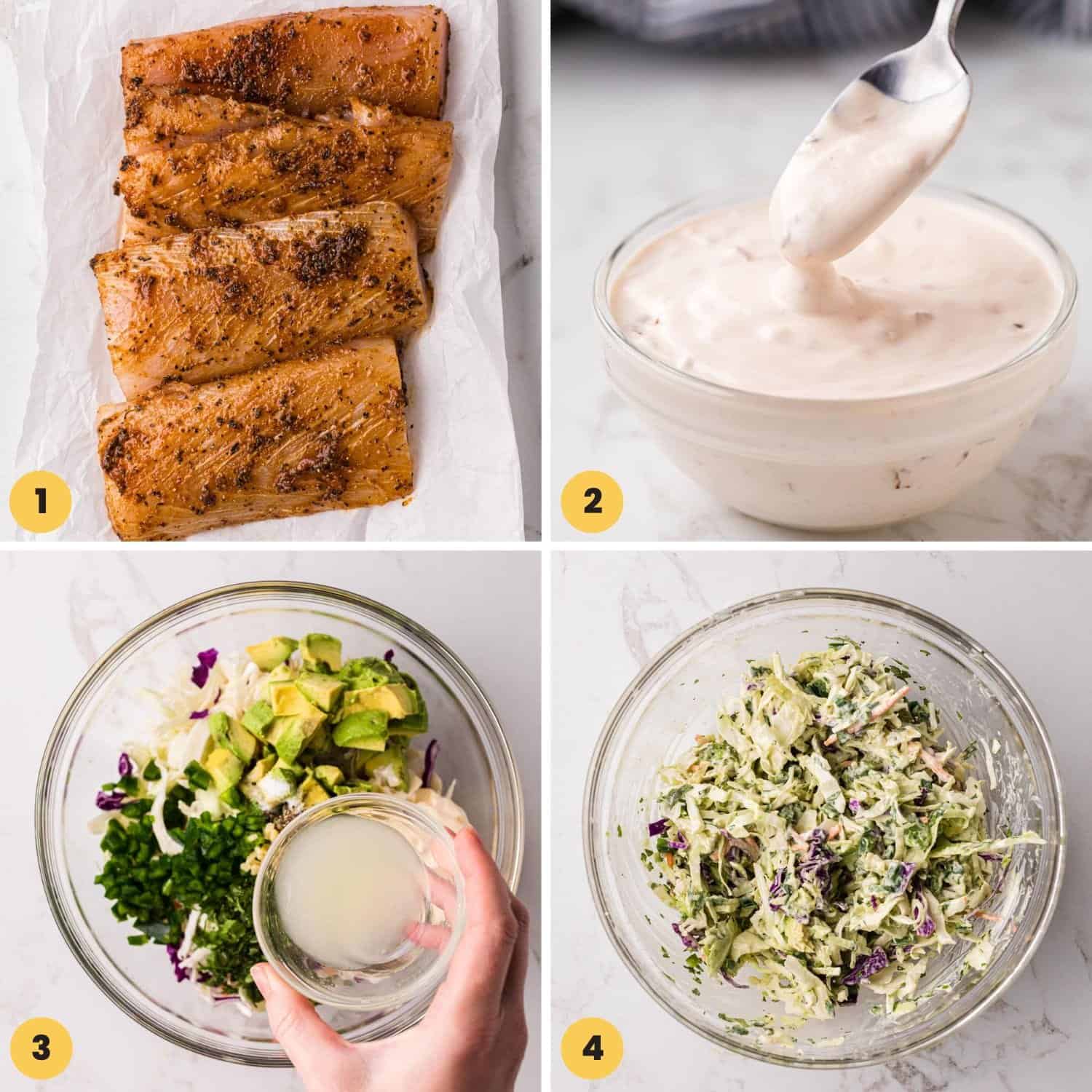 a collage of four images showing how to make a slaw for fish tacos.