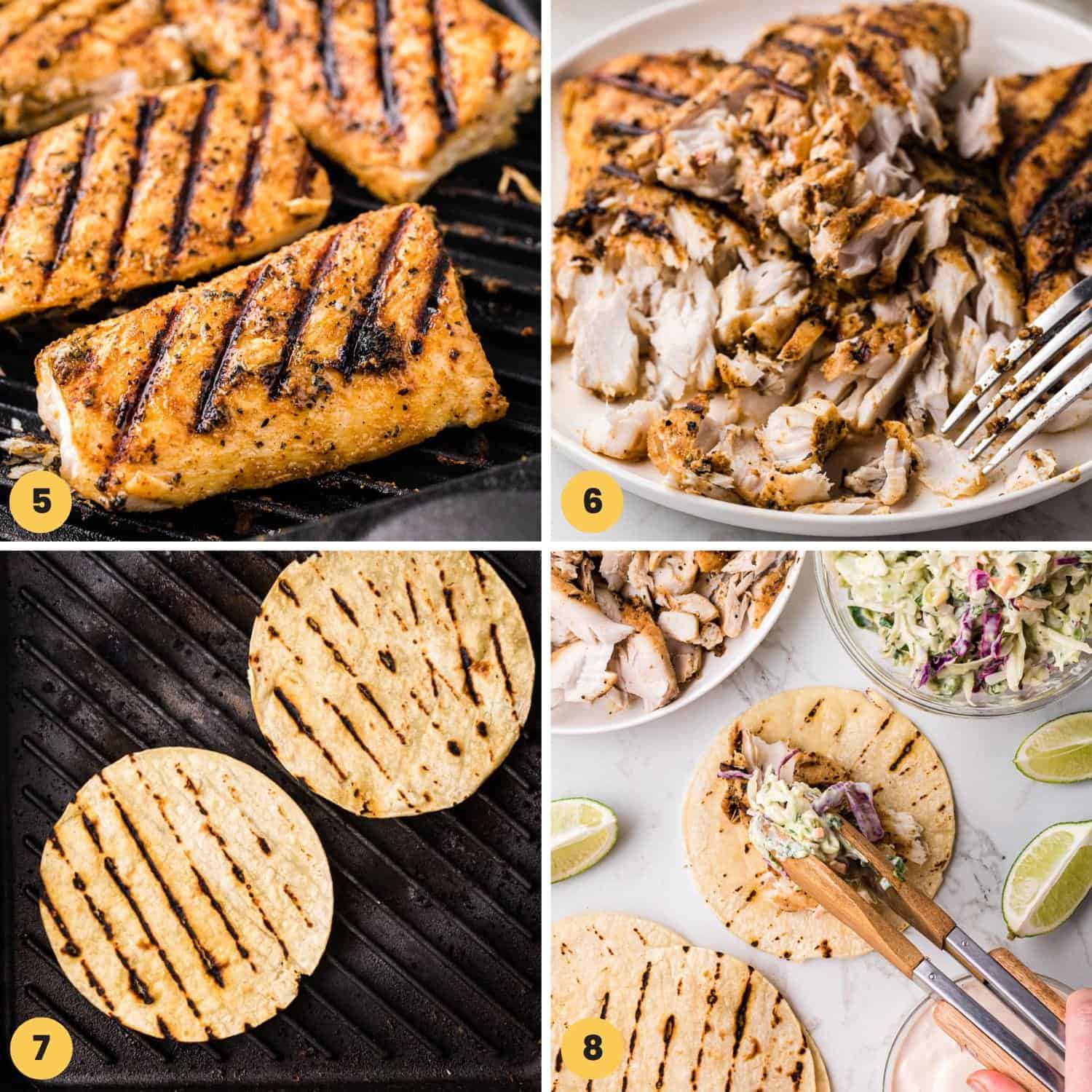 a collage of four images showing how to grill mahi mahi and tortillas for fish tacos.