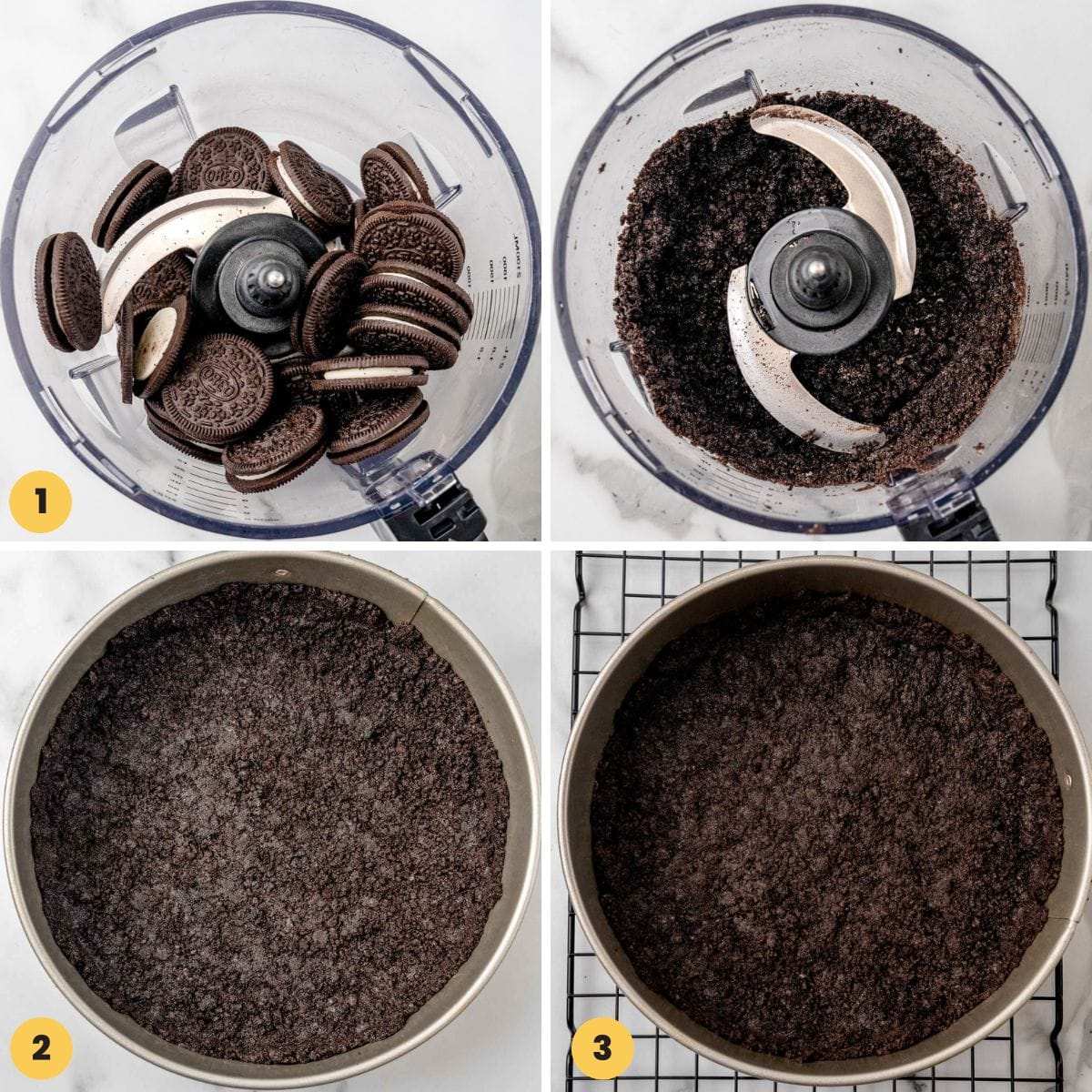 a collage of four images showing how to make an oreo crumb crust for peanut butter caramel cheesecake