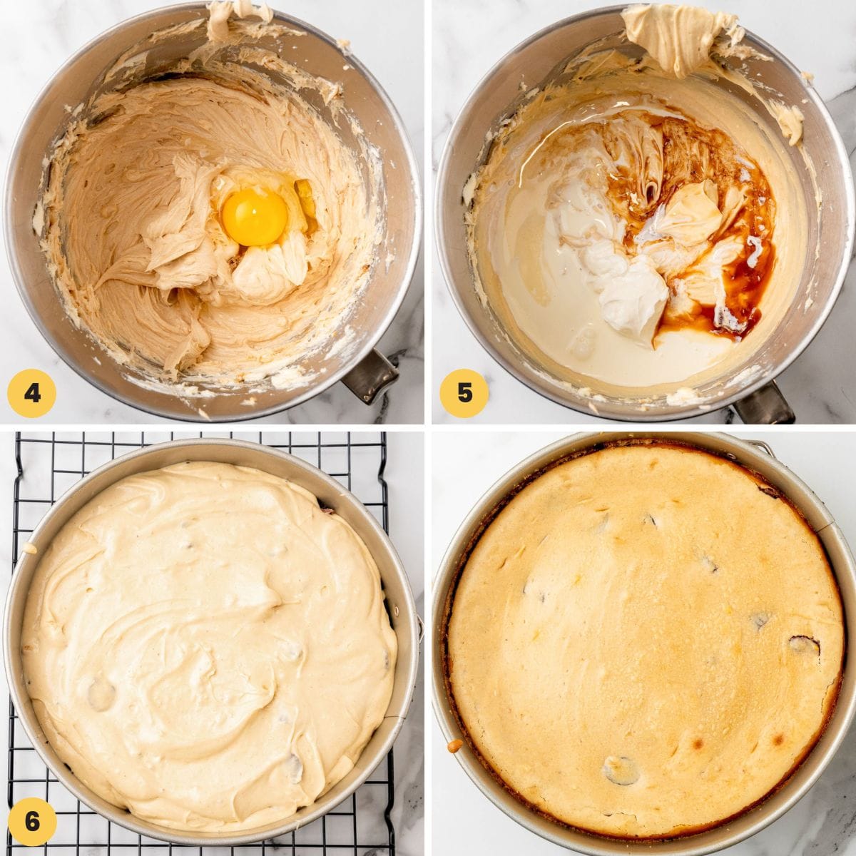 a collage of four images showing how to make Reese's caramel cheesecake from scratch