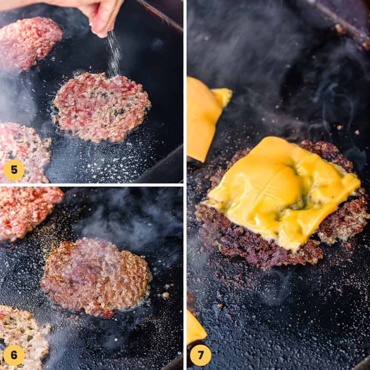 a collage of three numbered images showing how to grill smash burger and add cheese. 