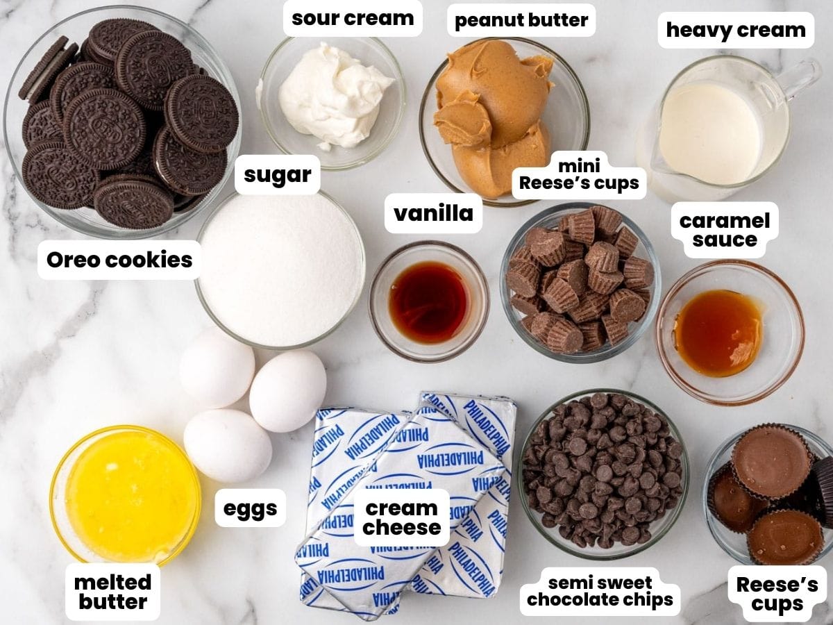 The ingredients needed to make peanut butter cheesecake, including oreos, reese's cups, and caramel, arranged on a marble countertop in separate small glass bowls.